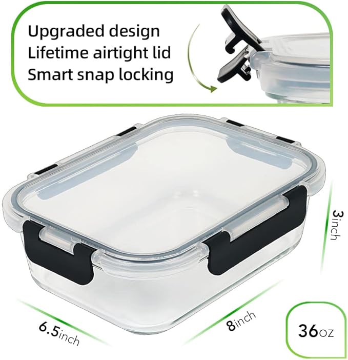 DAS TRUST [5-Packs, 36 Oz Glass Meal Prep Containers with Snap Locking Lids Glass Food Containers,Airtight Lunch Container,Microwave, Oven, Freezer and Dishwasher (4.5 Cup, Black)