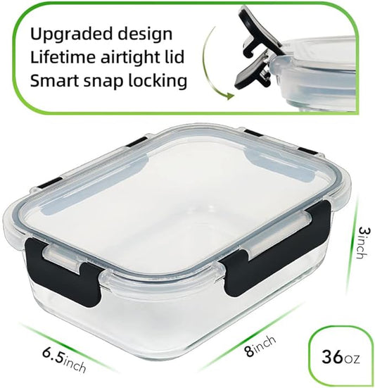 DAS TRUST [5-Packs, 36 Oz Glass Meal Prep Containers with Snap Locking Lids Glass Food Containers,Airtight Lunch Container,Microwave, Oven, Freezer and Dishwasher (4.5 Cup, Black)