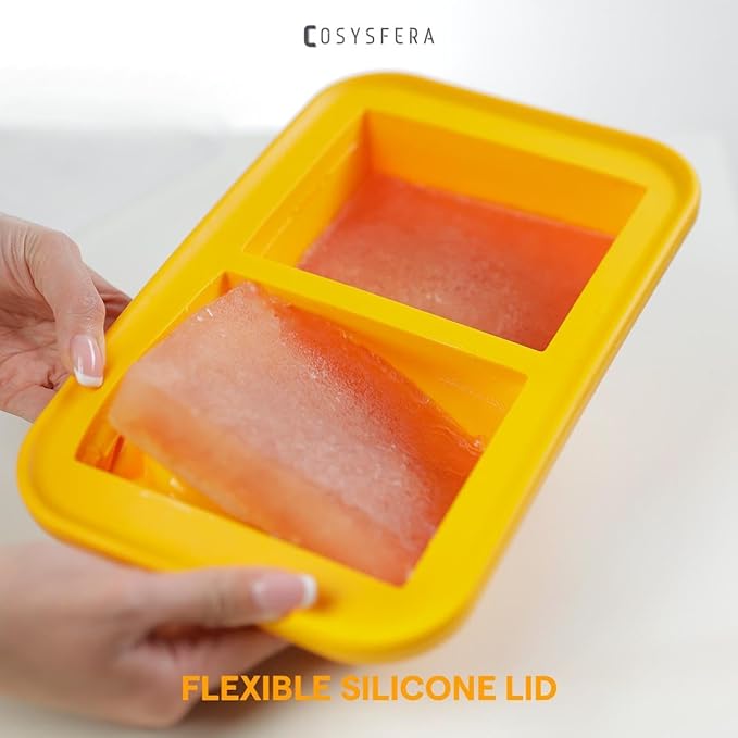 Silicone Freezer Tray with Lid – 2 Cup Portion Mold (2 Portions), Reusable Food Storage Container for Meal Prep, Soup, Sauce, Broth and Leftovers - DPA free - Microwave, Oven and Dishwasher Safe