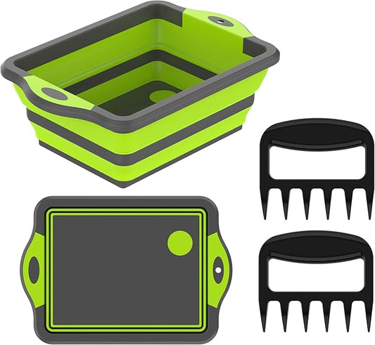 BBQ Prep Tub - Collapsible Chopping Board With Meat Shredder Claws - Food Grade Plastic and Silicone Wash Basin for Seasoning, Veggies - Cutting Board - Camp Kitchen