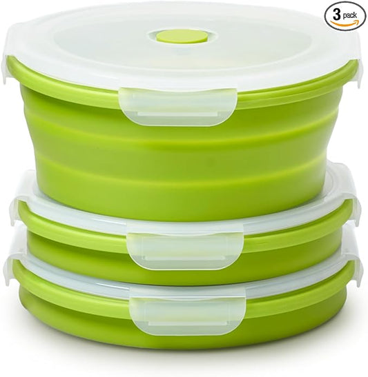 Vdomus Collapsible Food Storage Containers - Leak Proof, Microwave Safe - 40.5oz/1.2L Airtight Silicone Food Containers - Meal Prep Collapsible Bowls with Lids - Set of 3 - Green