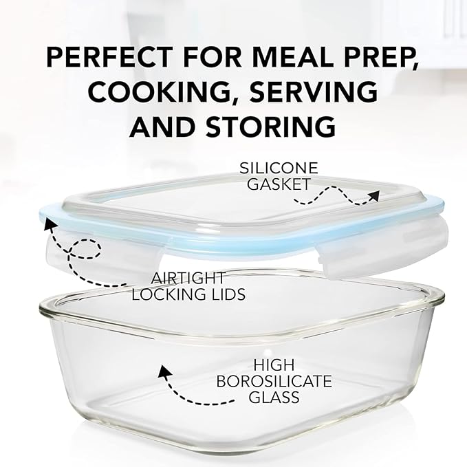 Razab 16 Pc (Set of 8) 30 Oz Glass Food Storage Containers with Lids, Airtight Large Reusable Leak Proof BPA Free Food Prep Containers, Freezer to Oven Safe