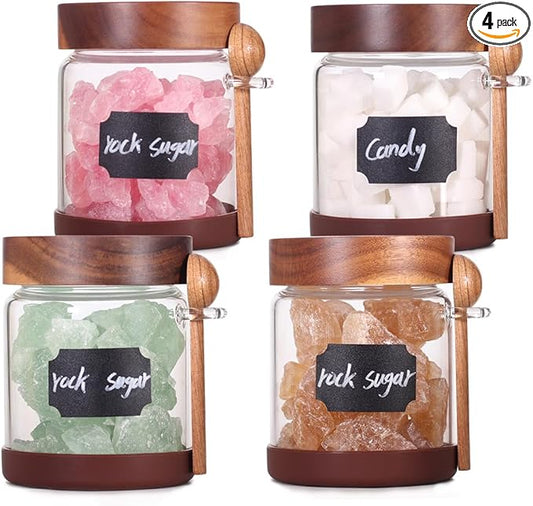 SAIOOL High Bprosilicate Glass 4 Pack Spice Jars with Label and Spoons,Overnight Oats Containers with Acacia Airtight Lids,Glass Food Storage Jars, Coffee Bar (Acacia 22 OZ*4)