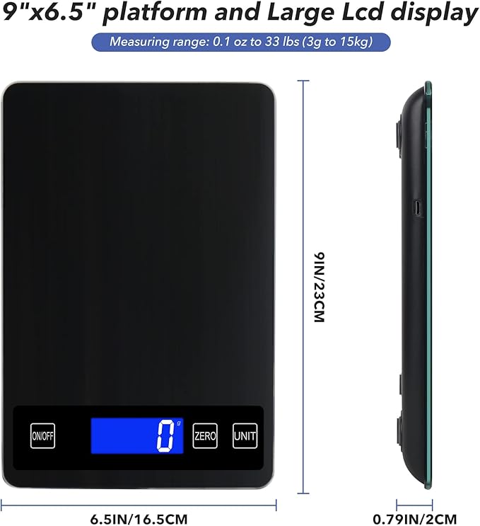 33lb Food Kitchen Digital Scale,1g/0.05oz Precise Graduation, USB Charging Kitchen Scale, Waterproof Stainless Steel with LCD Display, Ounces and Grams for Weight Loss, Cooking, Baking (Black)
