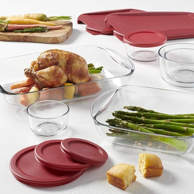 Anchor Hocking 12 Piece Glass Food Storage and Embrace Baking Dish Set with Cherry BPA-Free SnugFit Lids, Microwave, Oven, Freezer, and Dishwasher Safe
