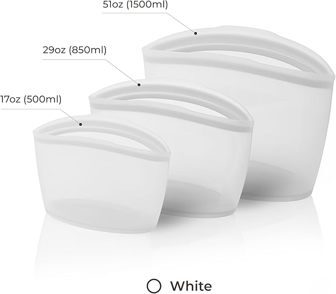 Platinum Silicone Food Grade Reusable Storage Bag, 3set Leak-Proof Airtight Seal, BPA-Free, Microwave, Freezer & Dishwasher Safe, Heat Resistant Sous Vide,Silicone Snack Bags, White