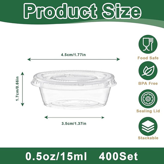 400 Pack 0.5 Oz Disposable Plastic Portion Cups with Lids, Small Jello Shot Cups, Plastic Containers Souffle Cup Condiment Containers with Lids Sauce Cups for Salad Dressing and Meal Prep- 0.5oz/15ml