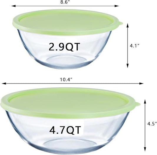 2-Pack Glass Mixing Bowls with Lids, Stackable Nesting Salad Bowls(4.7QT, 2.9QT), Large Mixing Bowl Set Batter Bowl for Cooking, Baking and Meal Prep