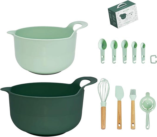 Plasic Mixing Bowls set with Baking supplies, Green Nesting Bowls with pour spout/handle, Non-Slip Base, Measuring Spoons set, Egg Whisk, Spatula & Brush, Great for Mixing, Baking, 11 Pcs