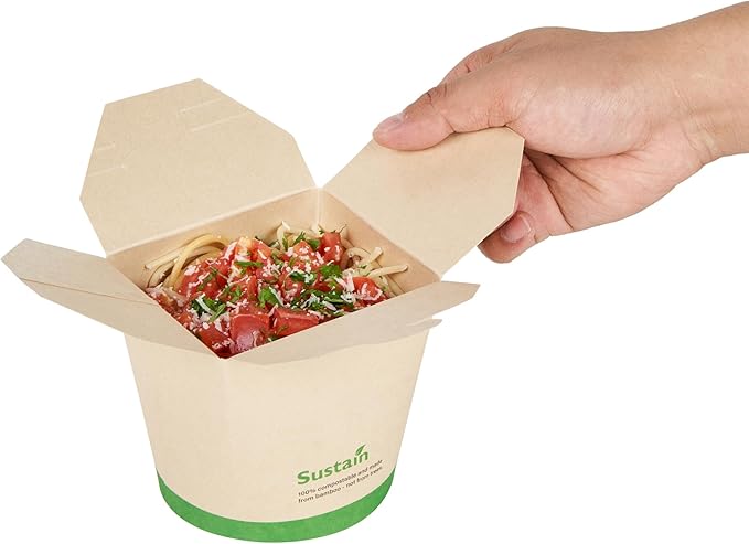 Restaurantware Sustain 26 Ounce Sturdy Paper Take Out Boxes, 200 Disposable Take Out Food Containers - With PLA lining, Compostable, Bamboo Paper Containers, Built-In Tab-Lock Cover, Greaseproof