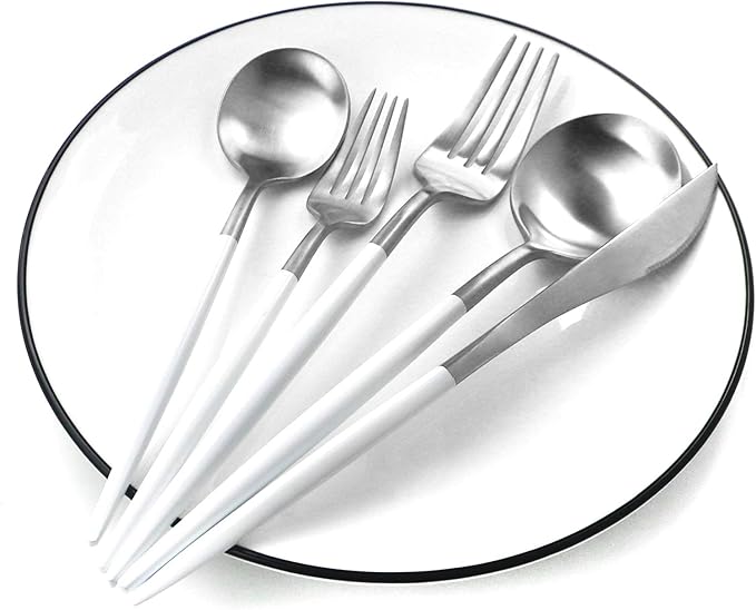 White Silver Flatware, Royal 20-Piece Matte White Handle 18/10 Stainless Steel Tableware Sets for 4 Including Forks Spoons Knives, Camping Silverware Travel Utensils Set Cutlery (White Silver)