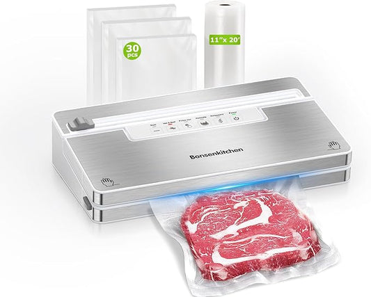 Bonsenkitchen Vacuum Sealer Machine, Stainless Steel Food Sealer Vacuum Sealers with 30 Bags & 1 Roll, 5 Food Vacuum Modes, Built-in Cutter & Bag Storage, Climate Pledge Friendly (White Silver)