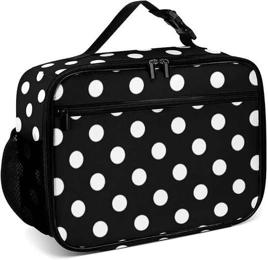 Polka Dot Black Reusable Lunch Box Insulated Lunch Bag Cooler Bag Lunchbox Meal Food Container Tote Bag for Women Kids Girls School Camping Hiking Picnic Beach Travel