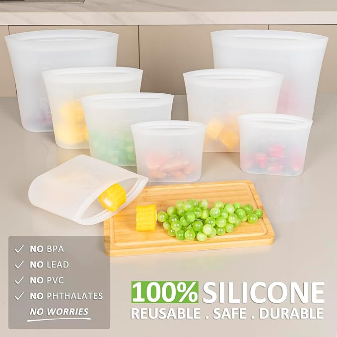 Reusable Storage Bag, 8 Pack 100% Silicone Food Storage Bags Stand Up Zip Lock Bags for Food, Freezer Microwave Oven Dishwasher Safe, 2 Extra Large(0.8 Gallon) 2 Large 2 Medium 2 Small, Translucent