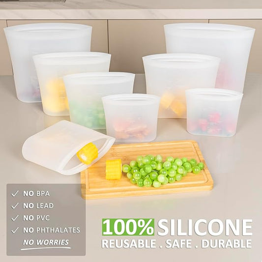Reusable Storage Bag, 8 Pack 100% Silicone Food Storage Bags Stand Up Zip Lock Bags for Food, Freezer Microwave Oven Dishwasher Safe, 2 Extra Large(0.8 Gallon) 2 Large 2 Medium 2 Small, Translucent