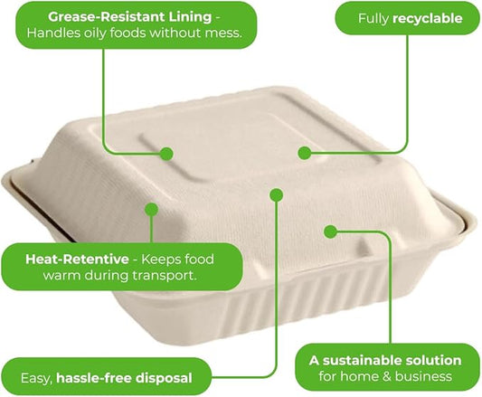 100 Pack Bagasse Clamshell Take Out Containers 9x9 | 3 Section | Heavy Duty To Go Clamshell Food Containers | Planet-Friendly and Compostable Bagasse Take Out Containers for Hot & Cold Food