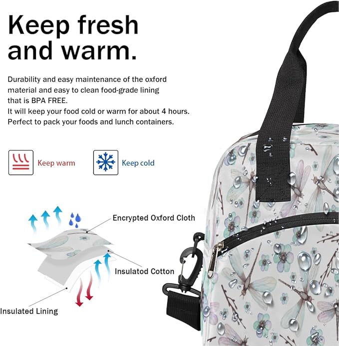Insulated Lunch Bag for Women Men Dragonfly Leakproof Cooler Tote Bag Large Reusable Adult Lunch Box with Adjustable Shoulder Strap for Office Work Picnic Travel Beach