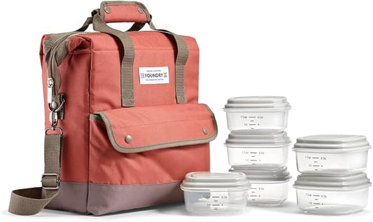 Fit & Fresh Douglas Adult Insulated Lunch Bag with Front Pouch & Carry Strap, Complete Lunch Kit Includes 6 Containers, Chestnut, Large