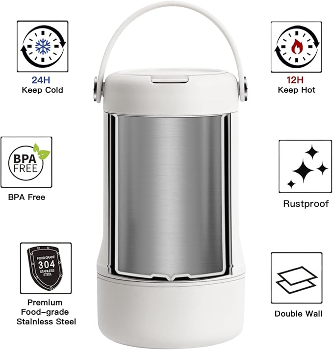 Ideus 20 oz Insulated Soup Thermo with Foldable Spolk and Bowl, All-in-one Stainless Steel Vacuum Thermal Food Jar for Lunch, Leakproof Bento Lunchbox Portable Soup Container, White
