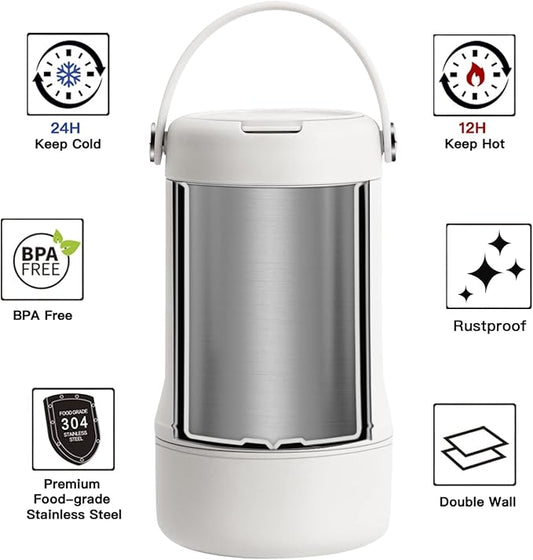 Ideus 20 oz Insulated Soup Thermo with Foldable Spolk and Bowl, All-in-one Stainless Steel Vacuum Thermal Food Jar for Lunch, Leakproof Bento Lunchbox Portable Soup Container, White