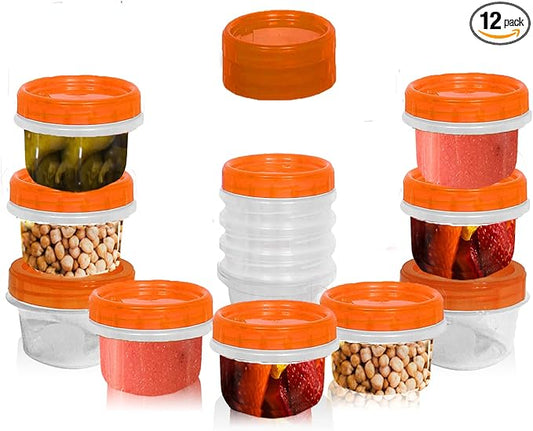 [4 Oz - Orange] Airtight Deli Containers with Lids, Twist Lock Top, Clear Food Storage for Meal Prep, Snacks, and Leftovers, Freezer and Microwave Safe, Stackable, Leak-Resistant Portable, 12 Pc. Set