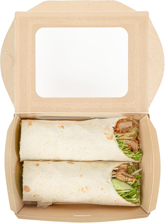 Restaurantware-Sustain 28 Ounce Sturdy Paper Take Out Boxes, 50 Disposable Take Out Food Containers - With PLA lining, Two Clear PLA Windows, Bamboo Paper Containers, Compostable, Tab-Lock Design