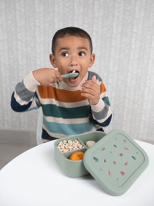 Silicone Bento Box For Kids And Toddlers - 3 Leakproof Compartments - Dishwasher, Oven And Microwave Safe - Eco friendly BPA free - For Daycare Elementary School Lunch, Snacks (Green Forest)