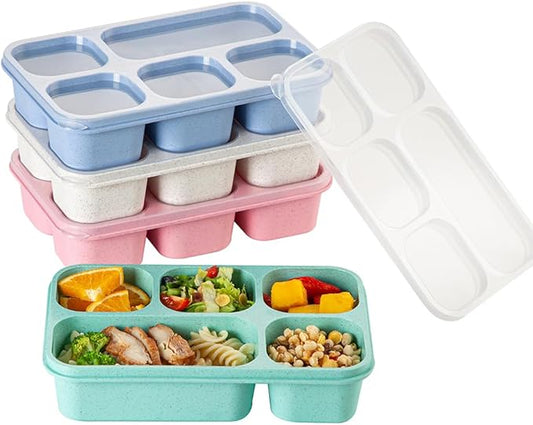 4 Pack Adult Lunch Box Snack Box for Kids, 5 Compartment Meal Prep Containers Reusable Portion Control Containers Wheat Straw Lunch Box Food Storage Containers for School, Work, Travel