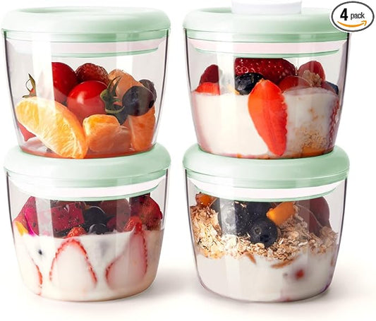 Glass Overnight Oats Containers with Lids, Meal Prep Containers Airtight Food Storage Containers Wide Mouth Snack Jars, Leakproof BPA-Free Pop Lid Bowl for Breakfast Leftovers 14oz 400ml Set of 4