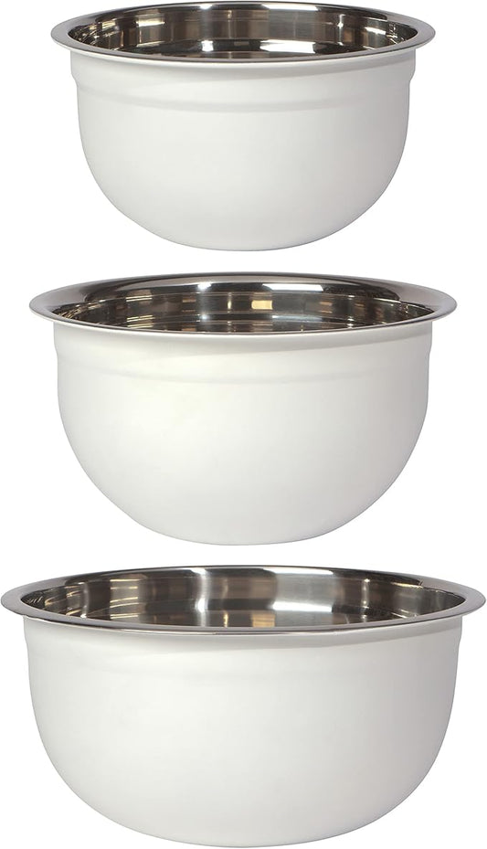 Now Designs Matte Coated Steel Mixing Bowls, White, 5 qt, 3 qt, 1.5qt, Set of 3