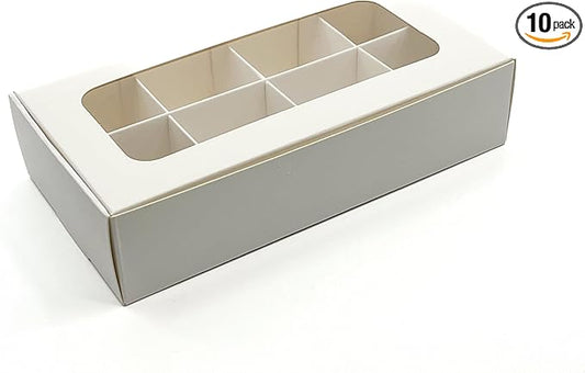 Treat boxes with window and dividers | 8 X-SMALL compartments | 6.75 x 3.5 x 1.57 in | Empty candy boxes for gift giving, truffle box - perfect for Valentine's Day | 10-pack (White)