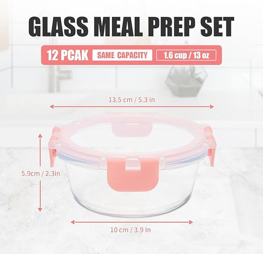 12 Pack 13oz Small Glass Food Storage Containers with Lids Airtight, Leak-Proof Round Meal Prep Containers Set, Freezer to Microwave Safe, Dishwasher Safe
