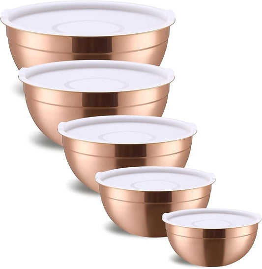 Rose Gold Mixing Bowls With Airtight Lids,Stainless Steel Bowl,Salad Bowls 5 Piece Colorful Nesting Bowl Gold Kitchen Accessories,Size 5.5,3.6,2.7,2.1,1.5QT Stackable Design