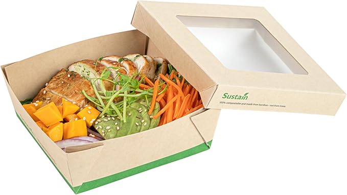 Restaurantware-27 Ounce Sturdy Paper Take Out Boxes, 200 Disposable Take Out Food Containers - With PLA lining, Paper Lid With Clear PLA Window, Bamboo Paper Containers, Compostable, Greaseproof