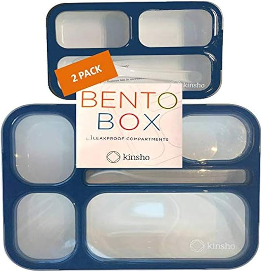 kinsho Bento Lunch-Box Set for Kids includes Snack Container | 6 and 3 Compartment Boxes Leakproof School Bentos, Meal Portion Control Containers, Boys Girls Adults, Navy Blue Large + MINI 2 Pack Set