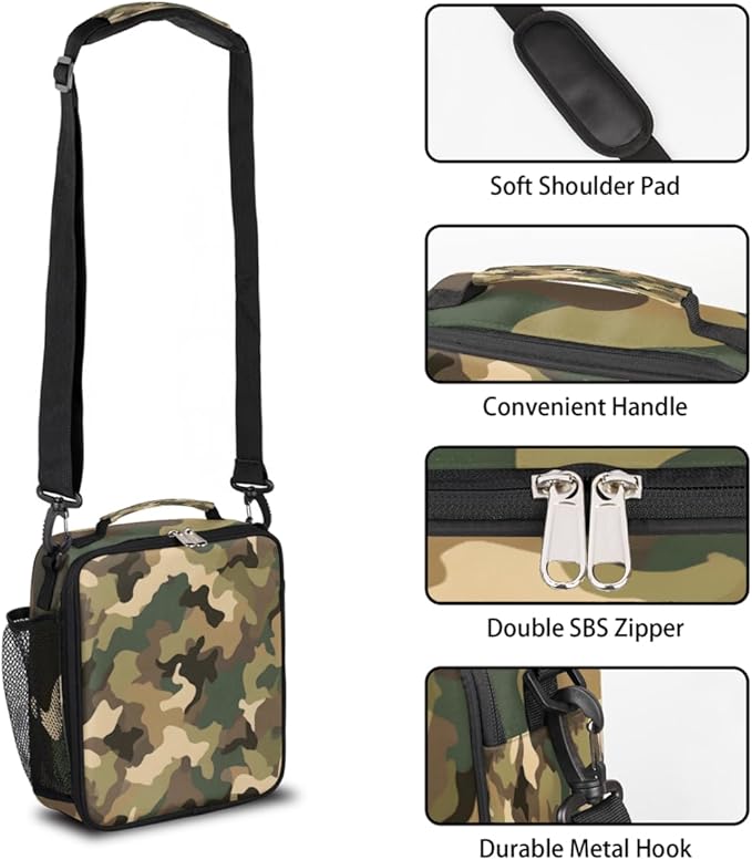 Kids Lunch Box for Boys Girls Camo Print Lunch Bag for Kids Insulated Lunch Bag Tote with Adjustable Shoulder Strap Teens Lunchbox Cooler School Picnic