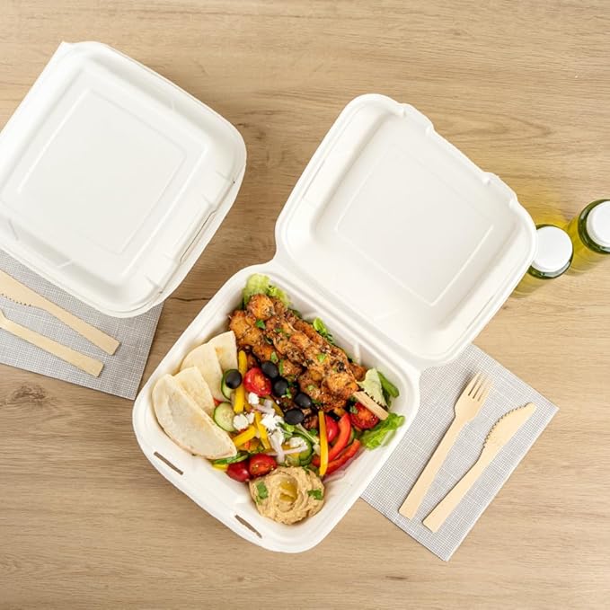Restaurantware Pulp Safe No PFAS Added 32 Ounce Clamshell Boxes 100 Disposable Containers - Home Compostable Microwavable And Freezable White Bagasse Containers Built-In Hinged Lid And Tab Lock