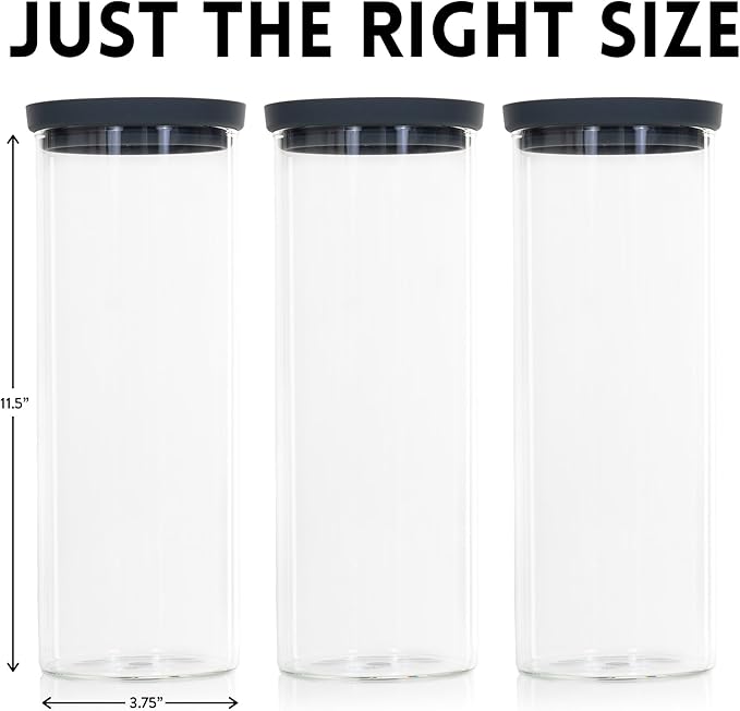 Glass Spaghetti Containers with Airtight Silicone Lids – BPA-Free Pantry Storage Jars for Pasta, Rice, Flour, and Dry Foods – Set of 3 with Portion Tool