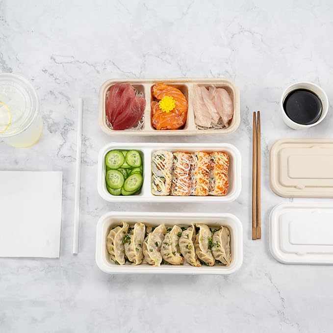 Restaurantware Pulp Tek 9.2 x 3.8 x 1.8 Inch Takeaway Food Boxes 100 Microwavable Take Out Containers - Lids Sold Separately Freezable White Bagasse Catering Food Containers 2 Compartments