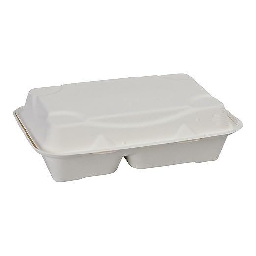 ECO PRODUCTS Compostable Vanguard 9"x6" Clamshell To Go Containers, Case of 250, 2 Compartment, Take Out Food Box, White Renewable Molded Fiber, No-Added PFAS, ASTM Compliant, BPI-Certified