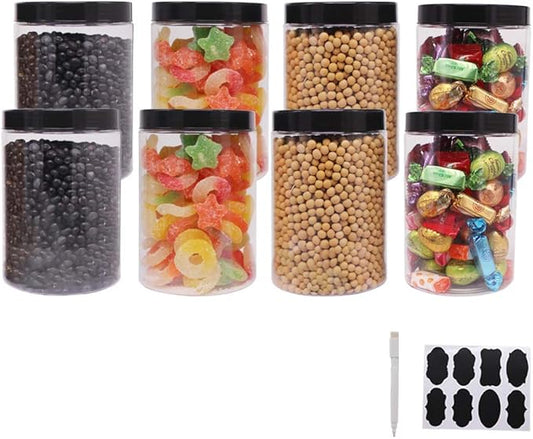 8 Pack 25 oz Plastic Jars With Lids, Extra Labels, 1 Pen, Clear PET Seal Jar for Food Storage,Wide Opening Storage jar For Dry Food, Peanut, Powder, Kitchen & Craft Storage