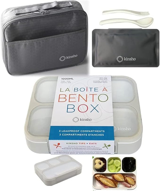 kinsho Bento-Box with Lunch Bag and Ice Pack Set. Containers for Kids Adults Boys Girls Snacks and Lunches. 4 Compartments, Leakproof Portion Container Boxes Insulated Bags for School, Grey