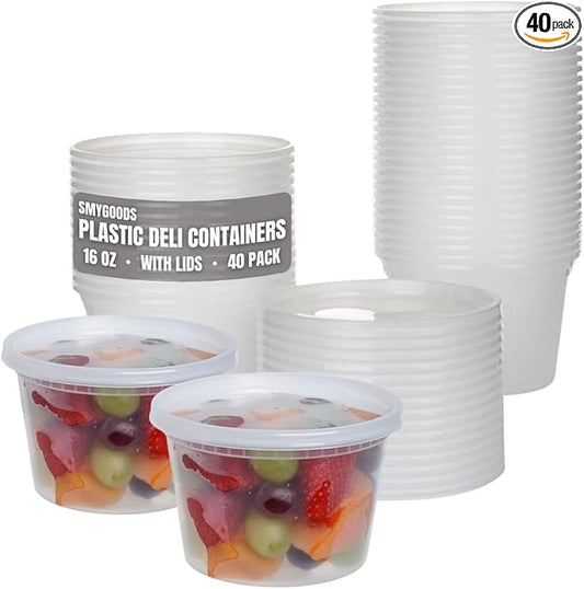 Smygoods 16oz Plastic Deli Containers with Lids - 40 Count, Stackable, BPA Free, Clear.