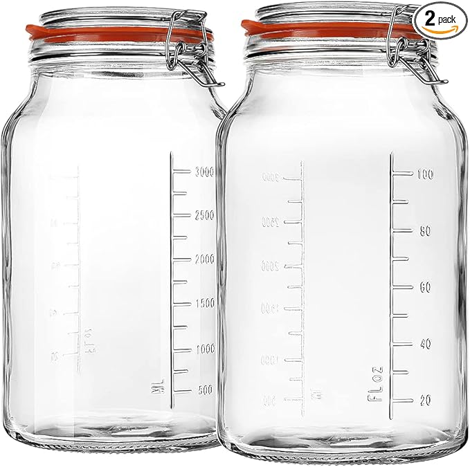 Super Wide-Mouth Glass Jars with Hinged Lids, 1-Gallon (4100 ML) Leak Proof Glass Canning Jars with Airtight Lids and 2 Measurement Marks. Large Capacity, Sturdy For Canning, Overnight Oats, 2-Pack