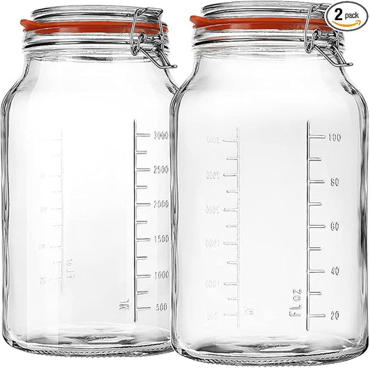 Super Wide-Mouth Glass Jars with Hinged Lids, 1-Gallon (4100 ML) Leak Proof Glass Canning Jars with Airtight Lids and 2 Measurement Marks. Large Capacity, Sturdy For Canning, Overnight Oats, 2-Pack