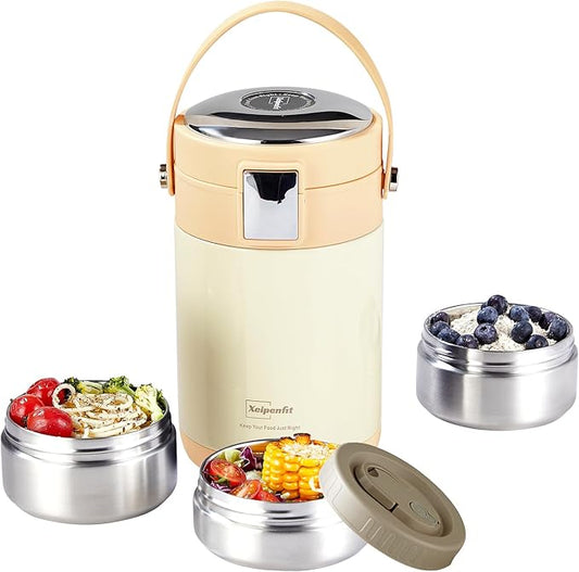 78 oz Adults Stainless Steel Vacuum Insulated Wide Mouth Soup Food Thermos Hot Food Jar with Keep Thermal Portable 3 Tier Stackable Bento Hot Food Containers Lunch Boxes (White)