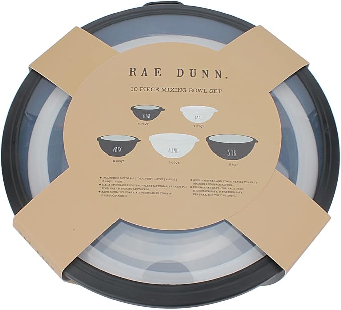 Rae Dunn Mixing Bowls with Lids - 10 Piece Plastic Nesting Bowls Set includes 5 Prep Bowls and 5 Lids (Black)