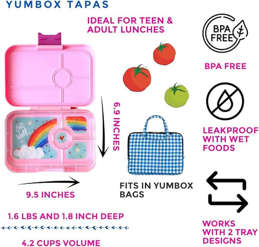 Yumbox Tapas Leakproof Bento Box, Lunch box for women, Teens and Kids, Large size, 4 compartment tray with large section for sandwich, salads plus sides and dip well (Capri Pink - Rainbow)