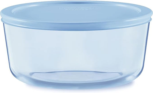 Pyrex Colors (7 Cup) Tinted Glass Large Round Food Storage Container, Snug Fit, BPA-Free Lids, Freezer Dishwasher Microwave Safe, Blue, 7.5" Dia 3.25" High (All measurements are approximate.)