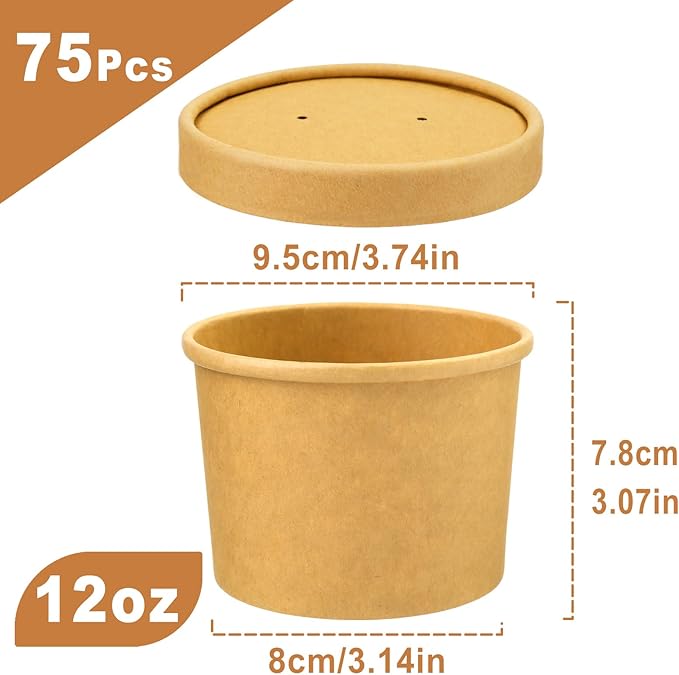 12 oz 75 Pack Paper Soup Containers with lids, Disposable Kraft Food Cups, Soup Cups Paper Ice Cream Cup, Dessert Cup, Yogurt Ice Cream Containers. Great For Restaurants, Take Outs, or To-Go Lunch